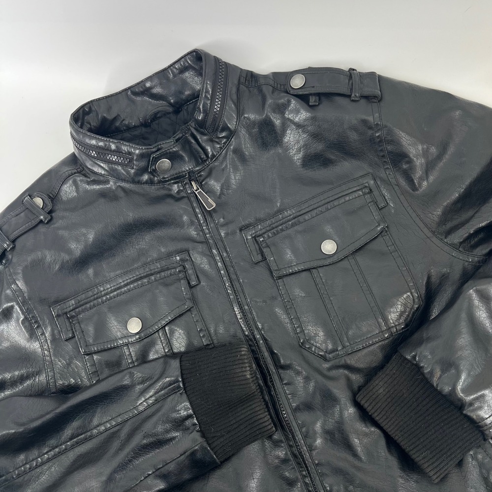 Whispering Smith Mens XL Black Faux Leather Bomber Moto Jacket 145121